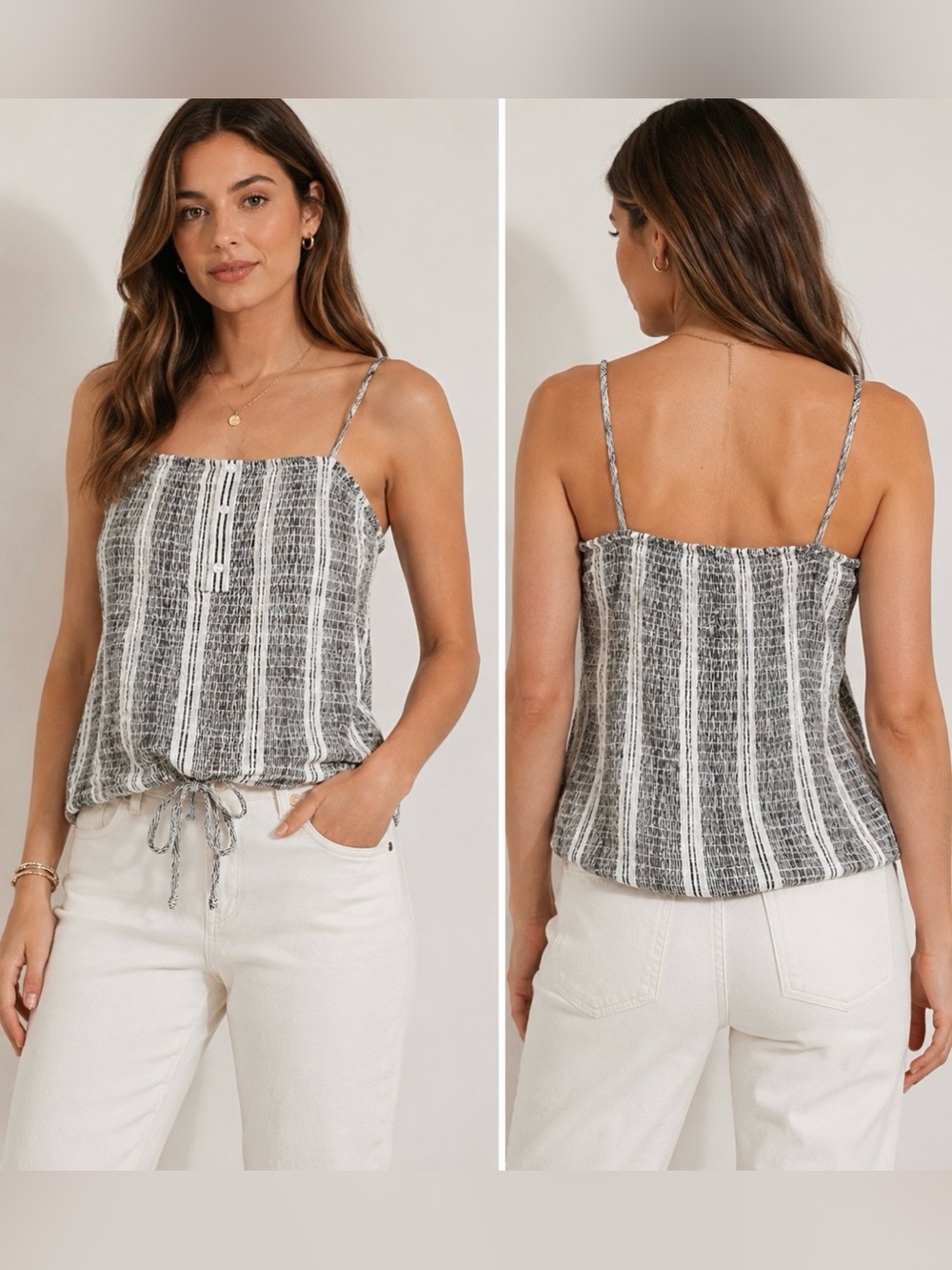 Guess Smocked Striped Tie-Front Cami Tank Top
Gray White Size M
